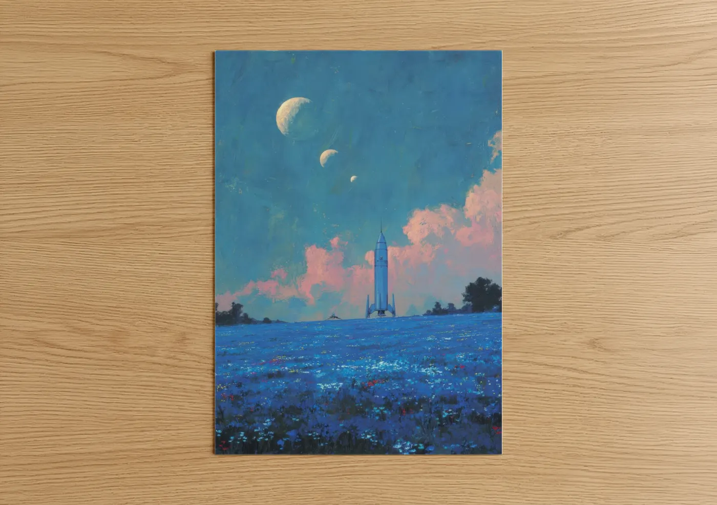 Extraterrestrial art print on warm oak wood — blue and pink palette — Lunar Rocket poster