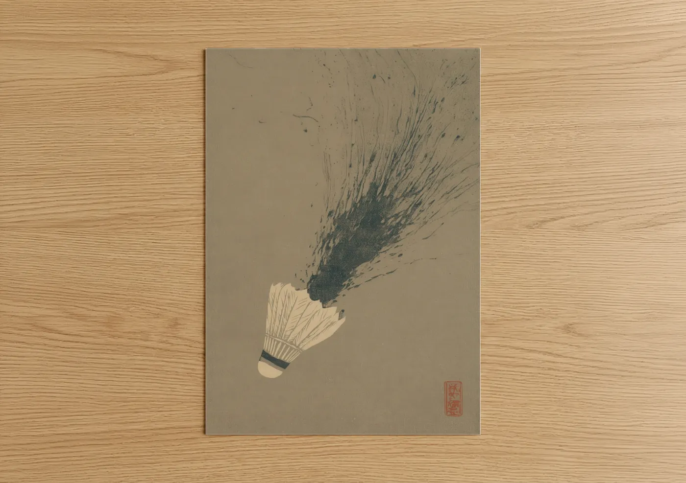 Art print on warm oak wood — beige and gray palette — Badminton Burst poster