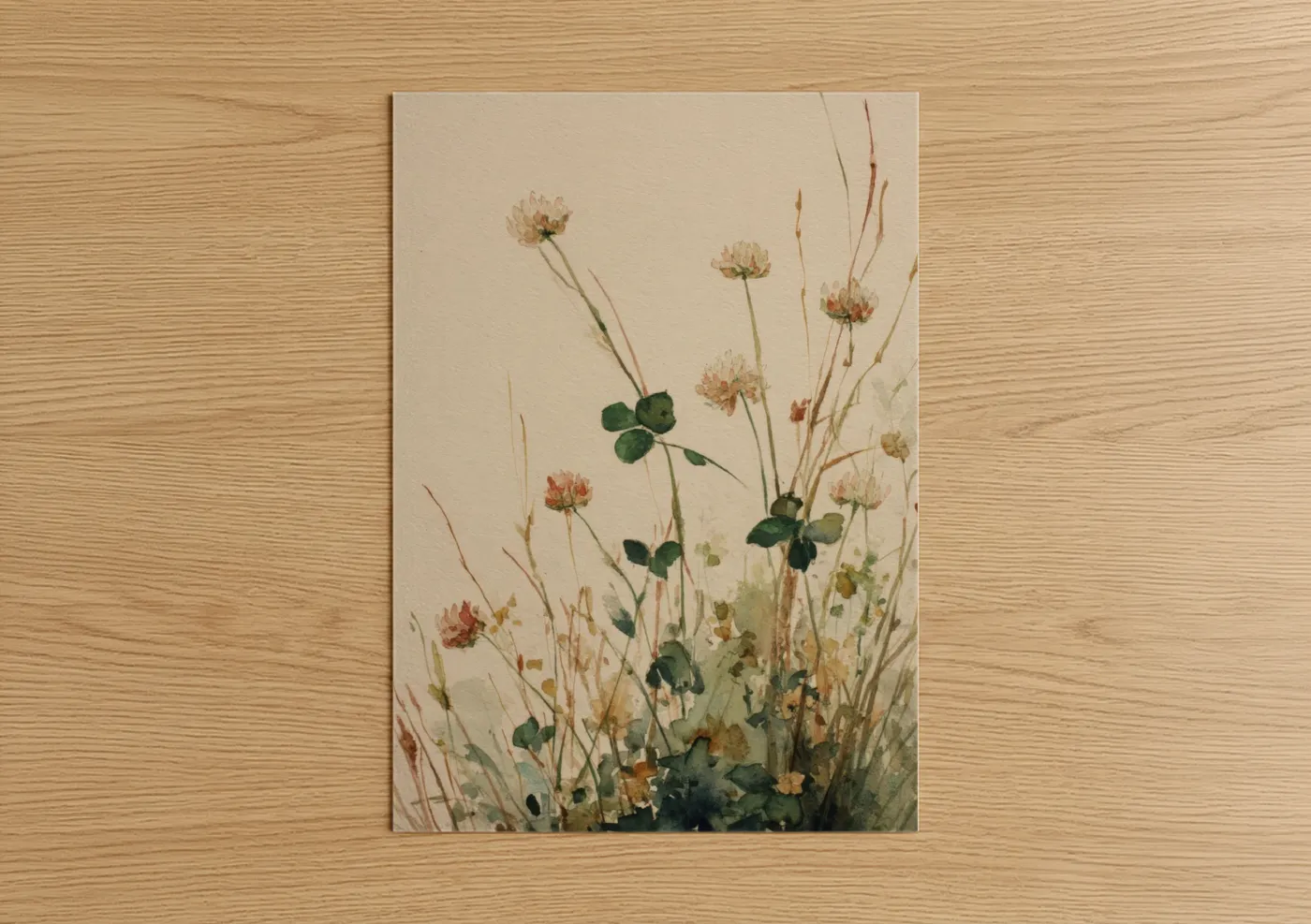 Grass art print on warm oak wood — beige and sage green palette — Delicate Clover Meadow poster