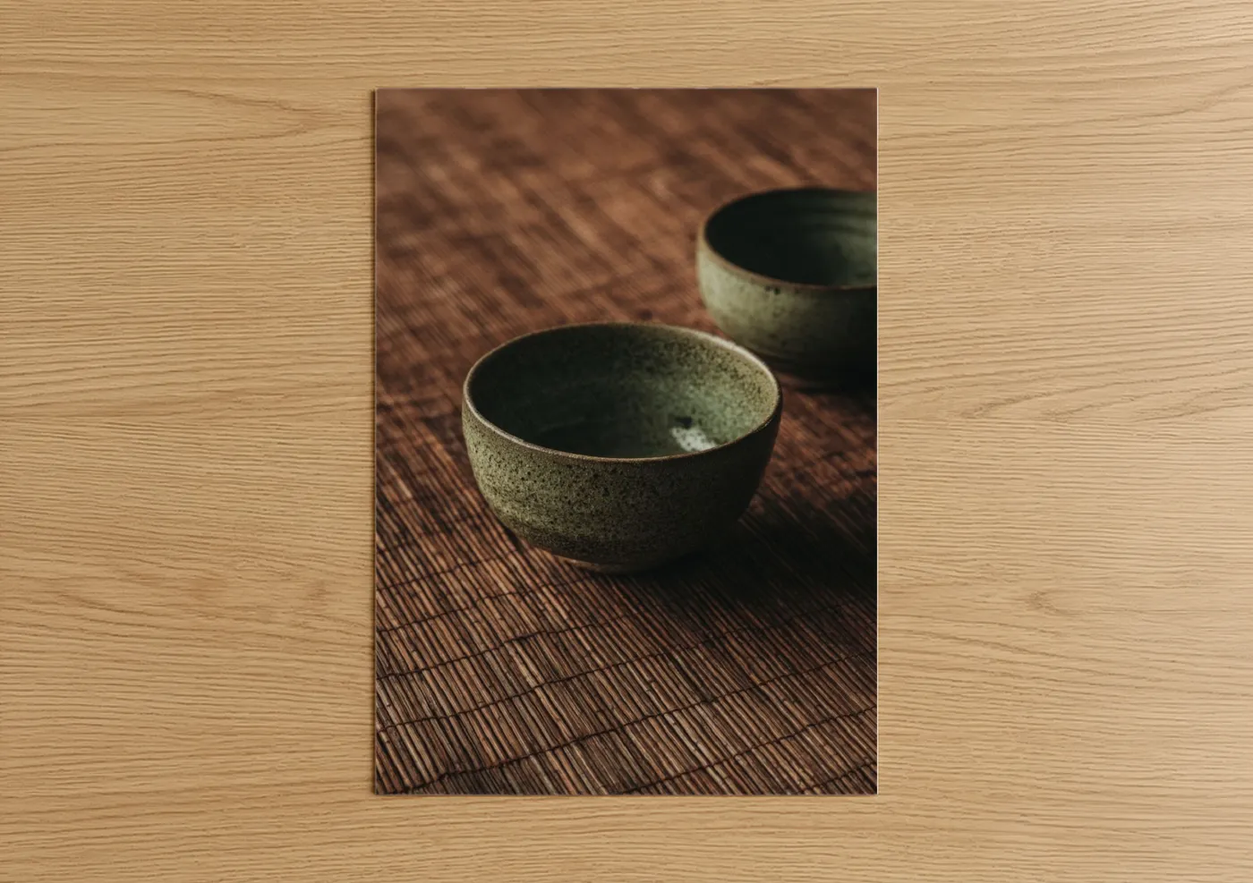 Art print on warm oak wood — sage green and brown palette — Zen Pottery Pair poster