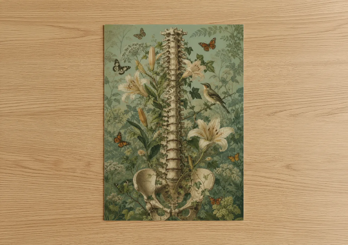 Butterfly art print on warm oak wood — sage green and beige palette — Botanical Spine Anatomy Garden Wall Art poster