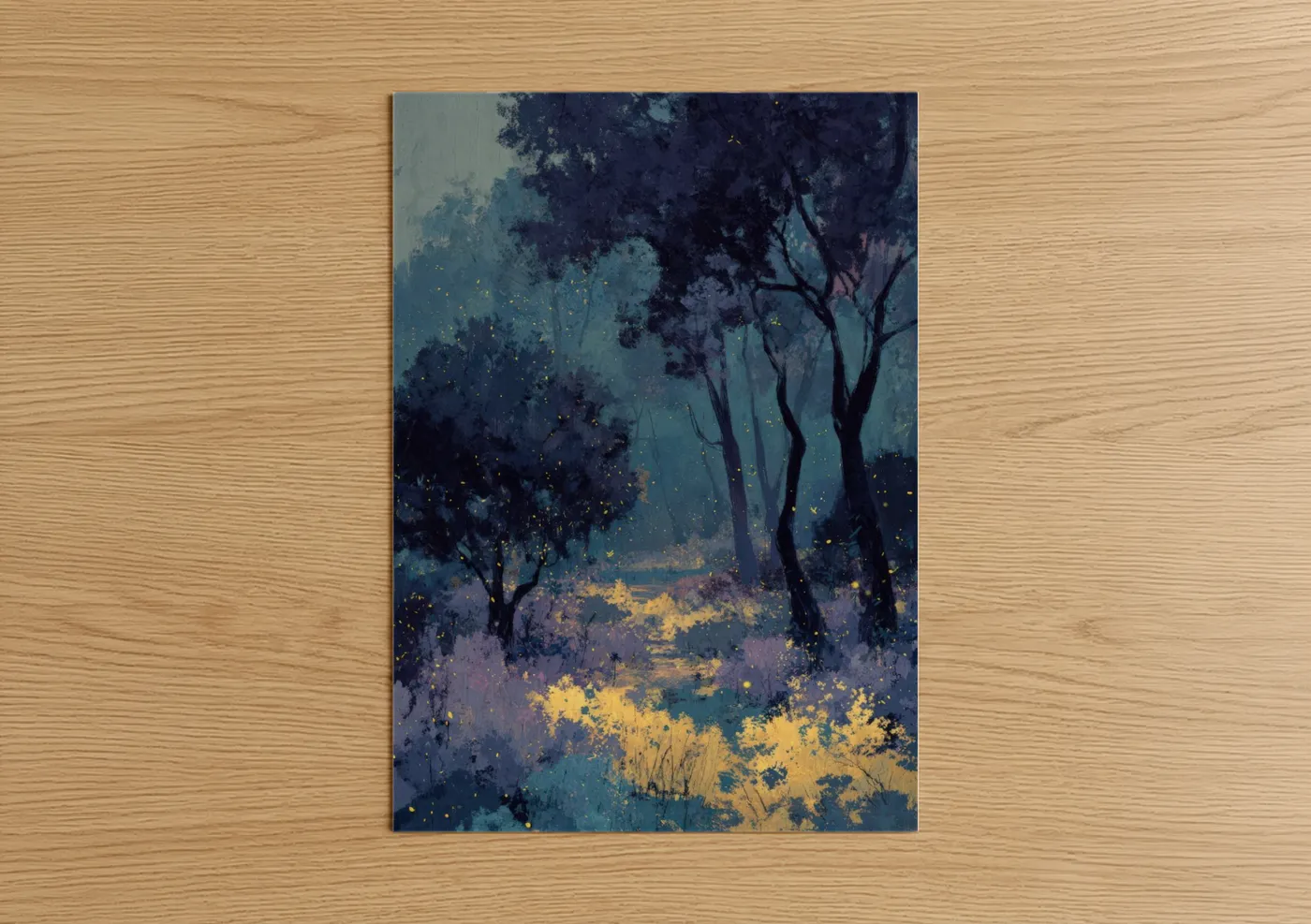 Cedar tree art print on warm oak wood — dark blue and gold palette — Mystical Cedar Grove poster