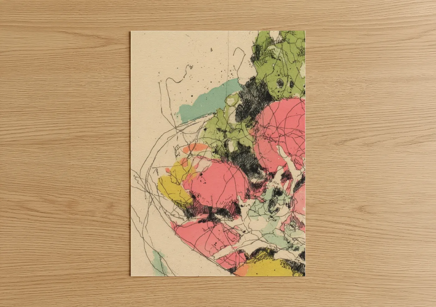Art print on warm oak wood — pink and green palette — Garden Salad Botanical poster