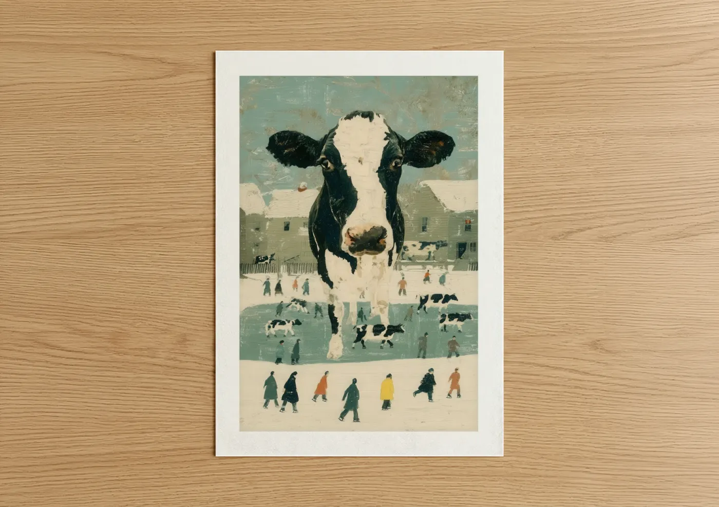 Art print on warm oak wood — sage green and cream palette — Giant Jersey Cow poster