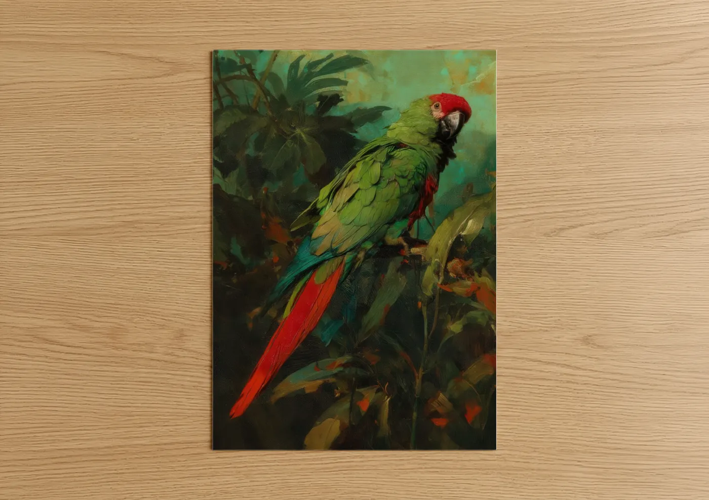 Safari parrots art print on warm oak wood — green and red palette — Crimson Macaw poster