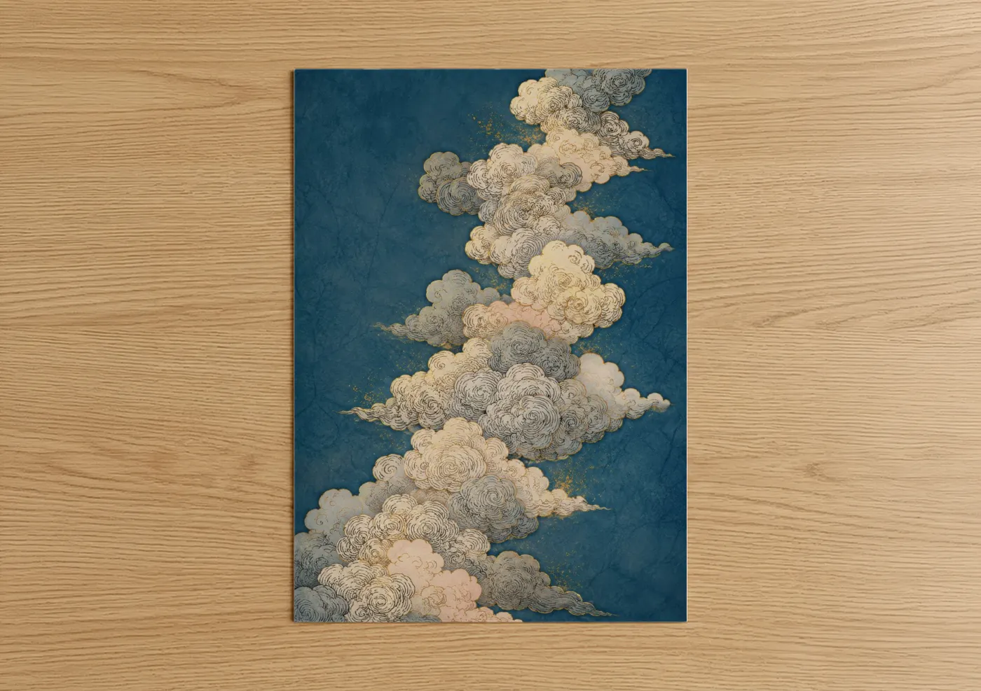 Art print on warm oak wood — blue and cream palette — Japanese Cloud Mist Wall Art poster