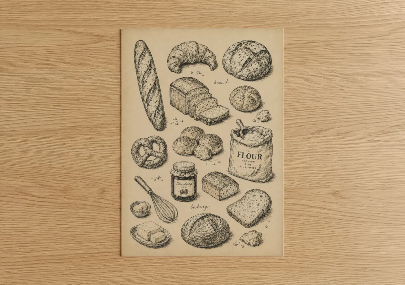 Cooking and baking art print on warm oak wood — beige and black and white palette — Vintage Bakery Sketch Wall Art poster