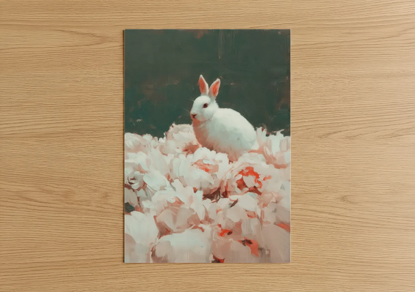White Rabbit Peony Flowers Painting Wall Art