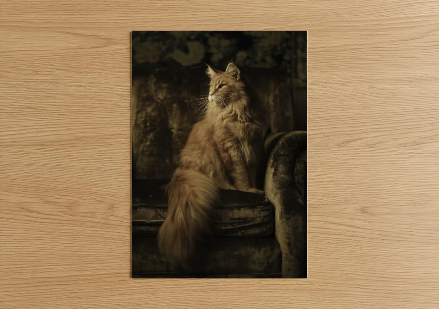 Cat art print on warm oak wood — brown and black palette — Contemplative Tabby poster