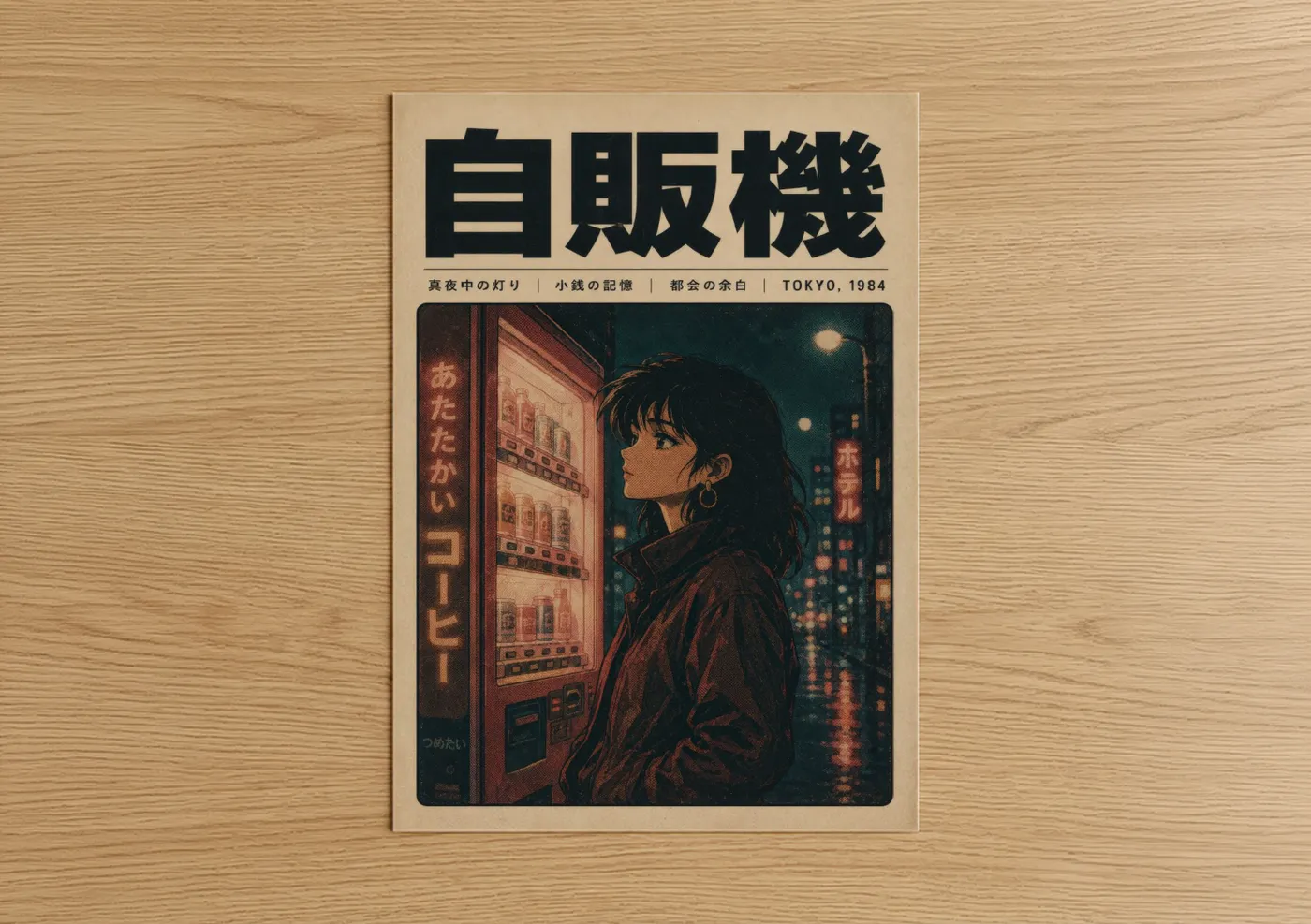 Anime and manga art print on warm oak wood — cream and espresso palette — Tokyo Night Vending Machine Wall Art poster