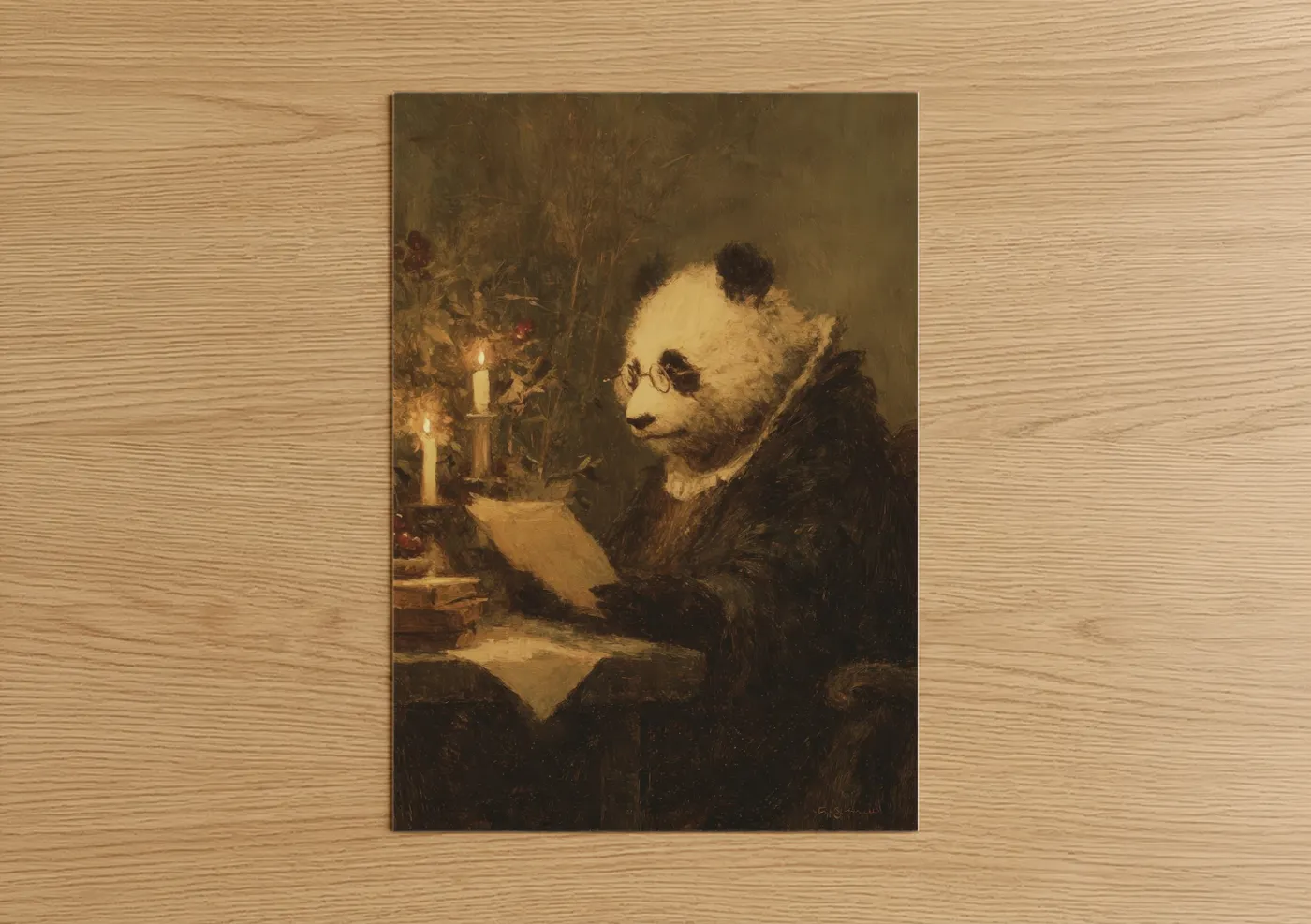 Art print on warm oak wood — brown and gold palette — Scholarly Panda poster