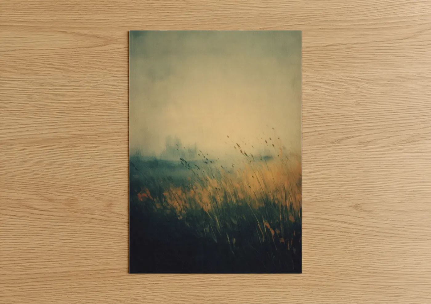 Night sky art print on warm oak wood — gold and teal palette — Misty Night Field poster