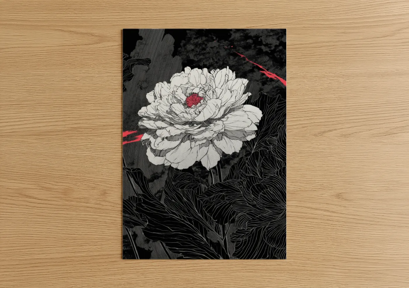 Abstract flower art print on warm oak wood — black and white and red palette — Crimson Peony poster
