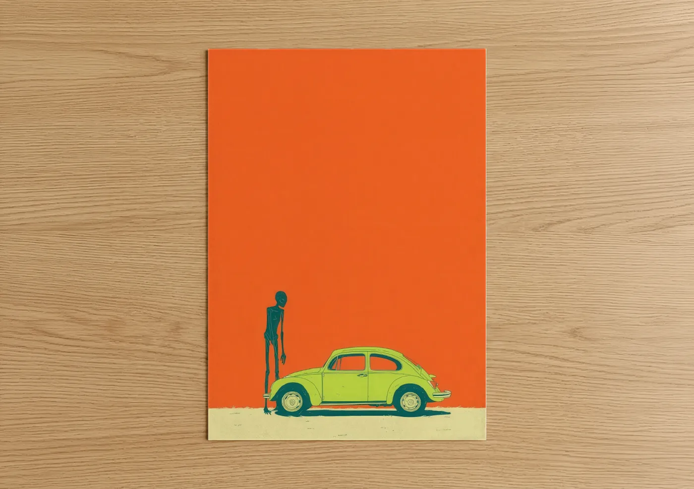 Extraterrestrial art print on warm oak wood — pumpkin and lime green palette — Alien Visitor poster