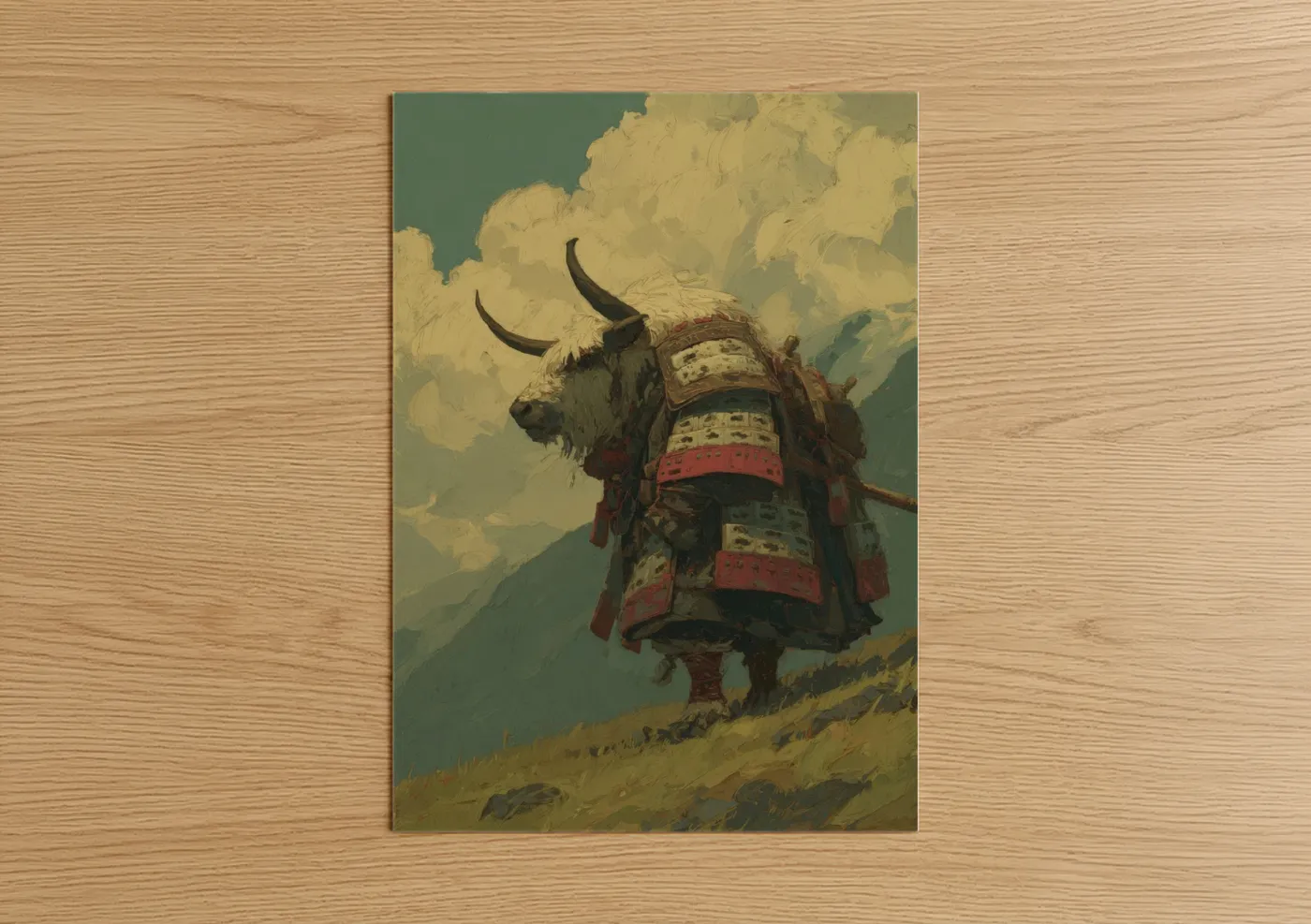 Art print on warm oak wood — gold and teal palette — Mountain Yak poster