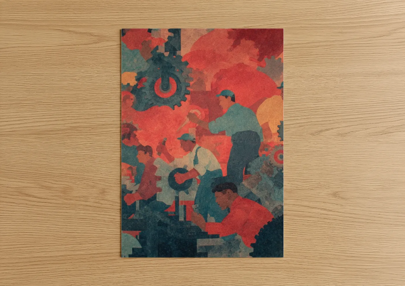 Art print on warm oak wood — red and teal palette — Industrial Labor Day poster
