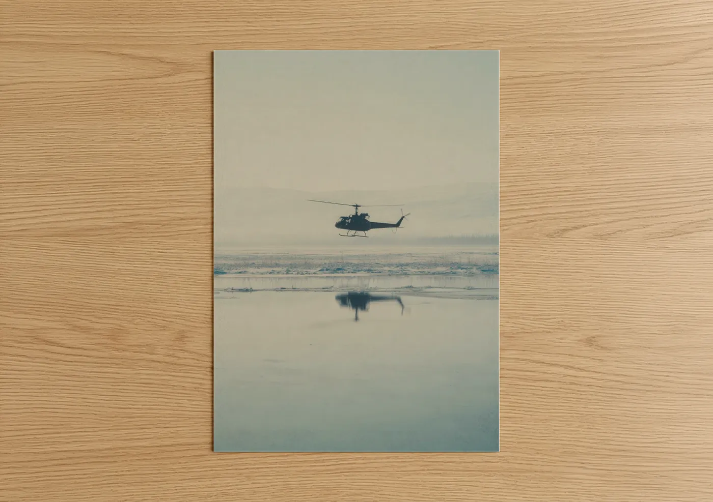 Art print on warm oak wood — gray and blue and white palette — Misty Helicopter poster