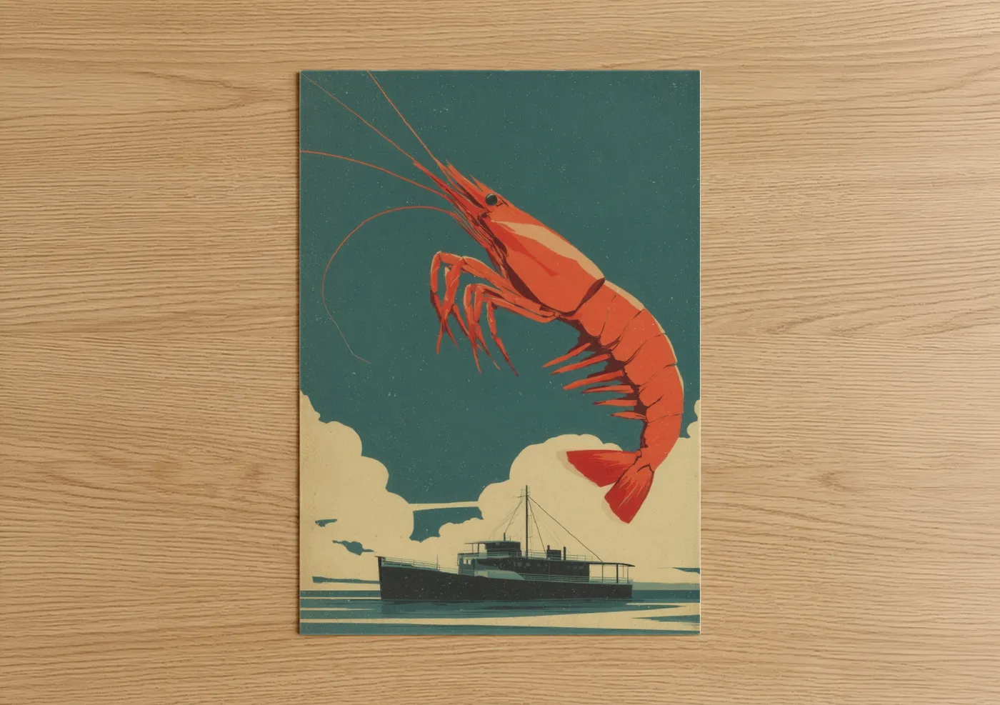 Art print on warm oak wood — teal and orange palette — Vintage Shrimp poster
