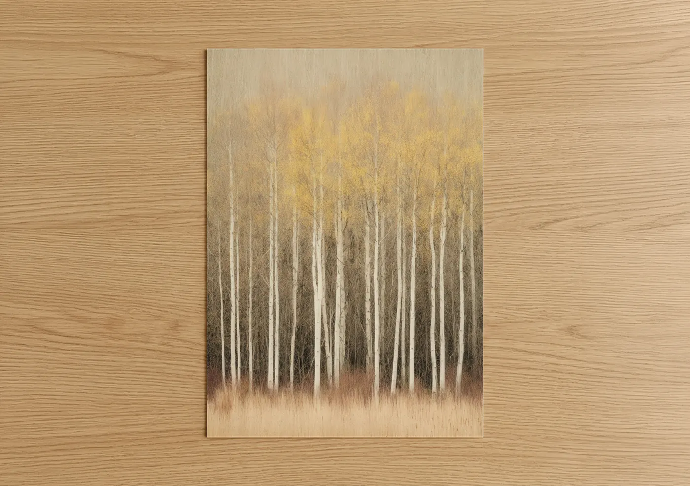 Art print on warm oak wood — cream and gold palette — Golden Aspen Forest poster