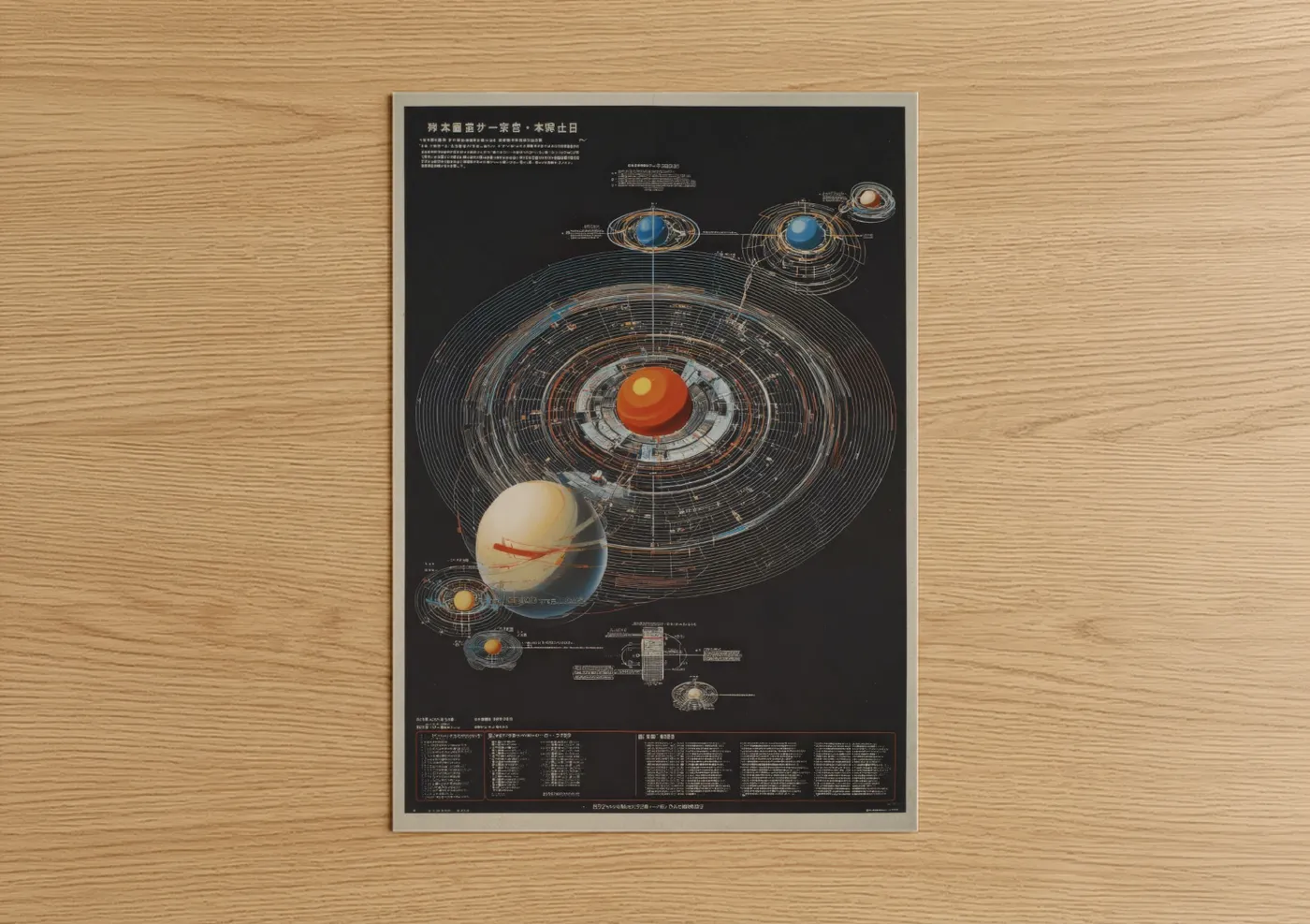 Art print on warm oak wood — orange and blue palette — Solar System Diagram poster