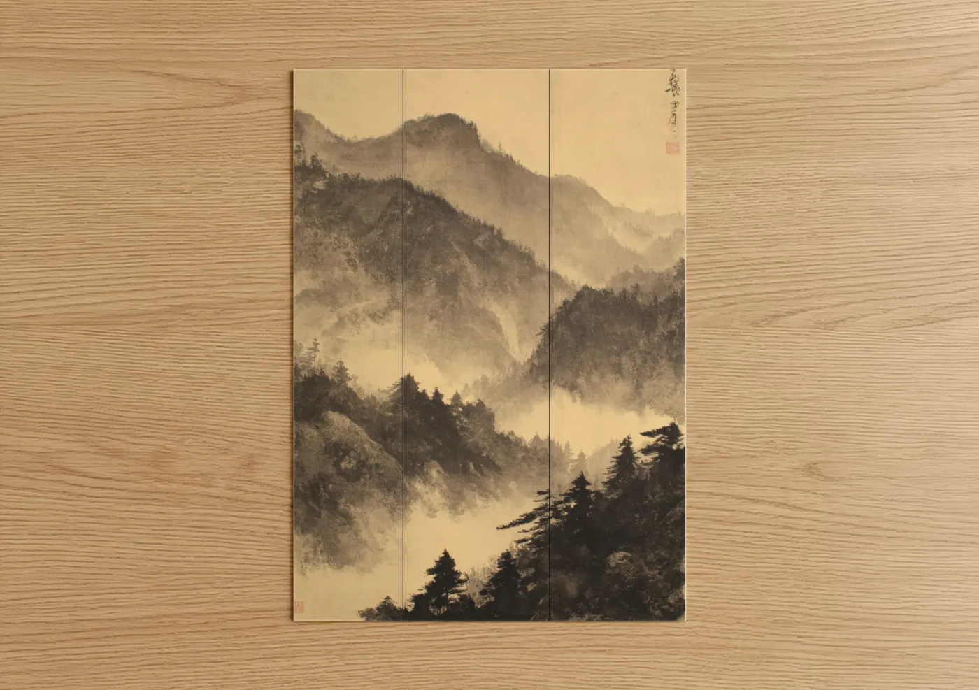 Art print on warm oak wood — beige and black palette — Misty Canyon Peaks poster