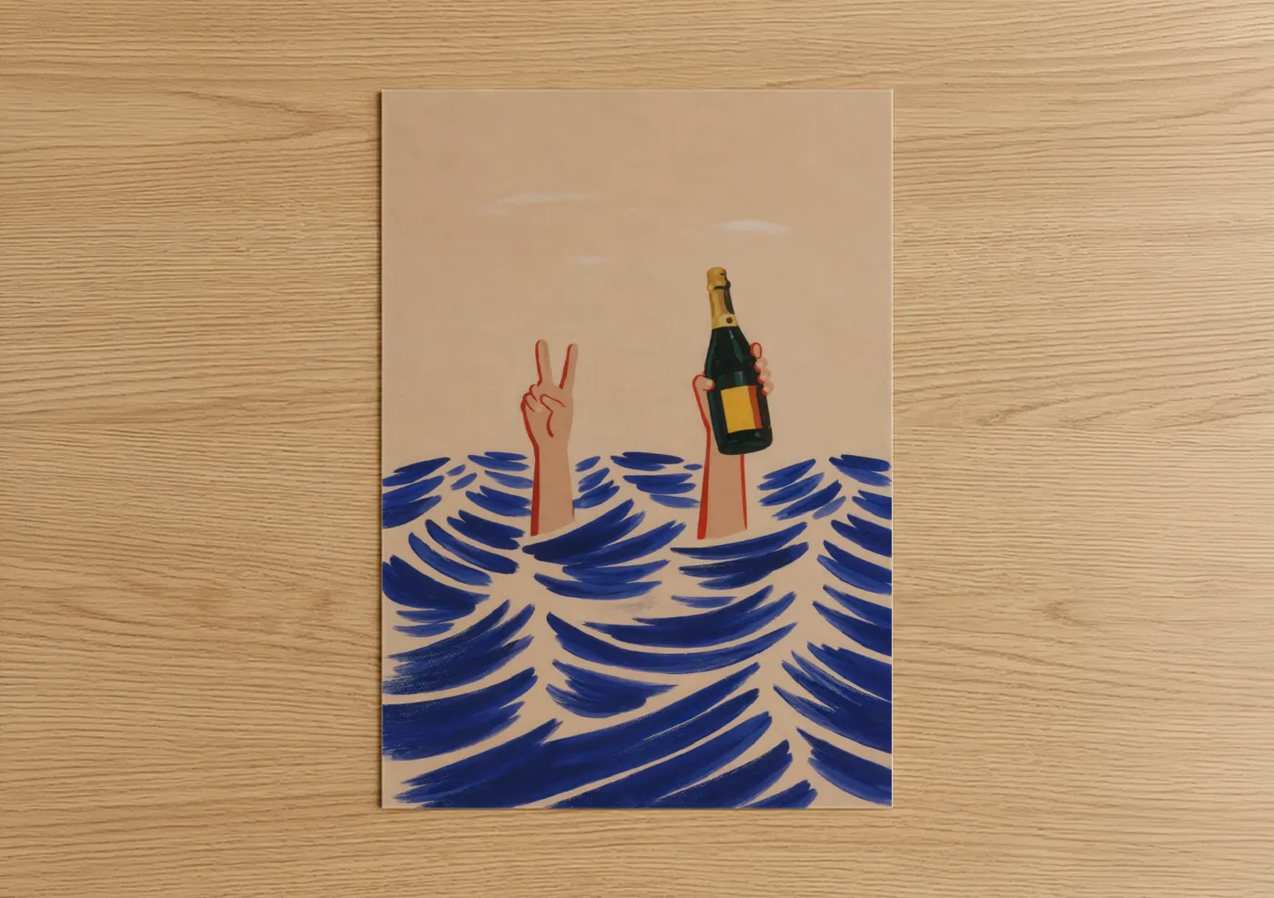 Art print on warm oak wood — blue and beige palette — Champagne Celebration Ocean Wave Wall Art poster