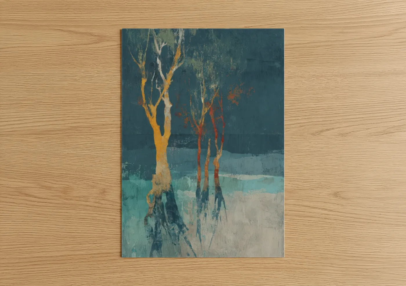 Art print on warm oak wood — teal and gold palette — Coastal Mangrove poster