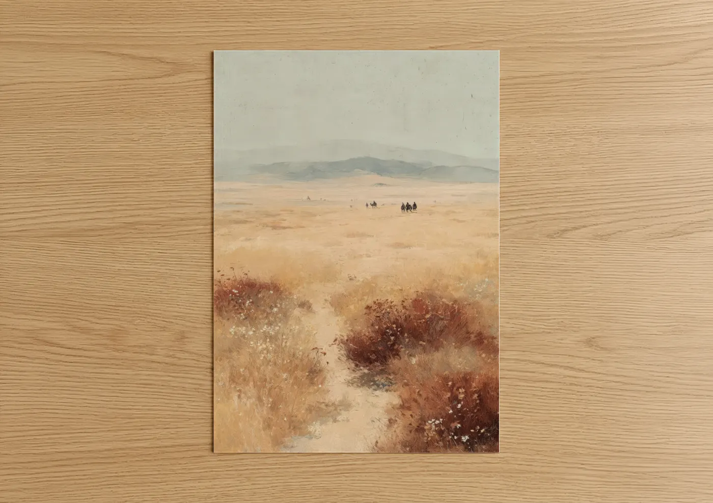 Dune art print on warm oak wood — beige and gray palette — Desert Wanderers poster