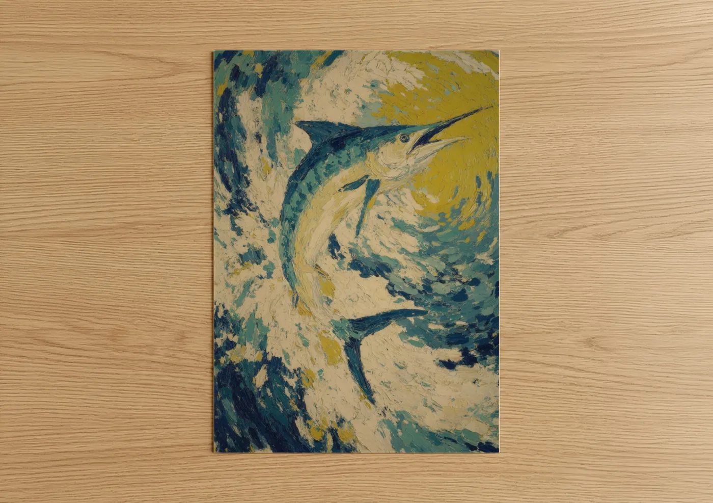 Art print on warm oak wood — teal and gold palette — Marlin Strike poster