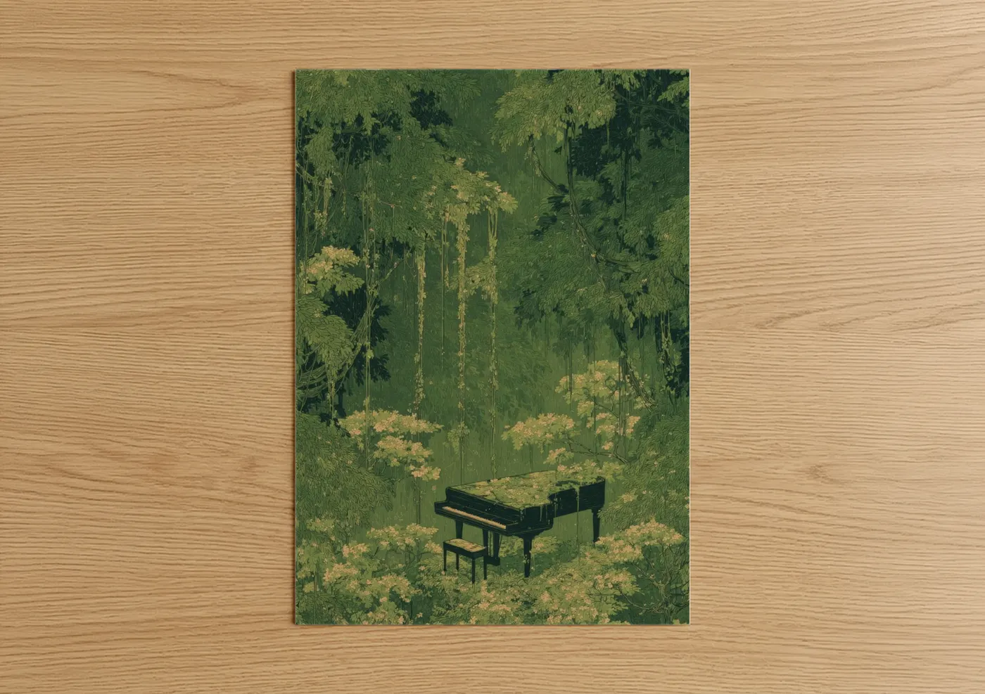 Art print on warm oak wood — green and yellow gold palette — Forest Piano poster