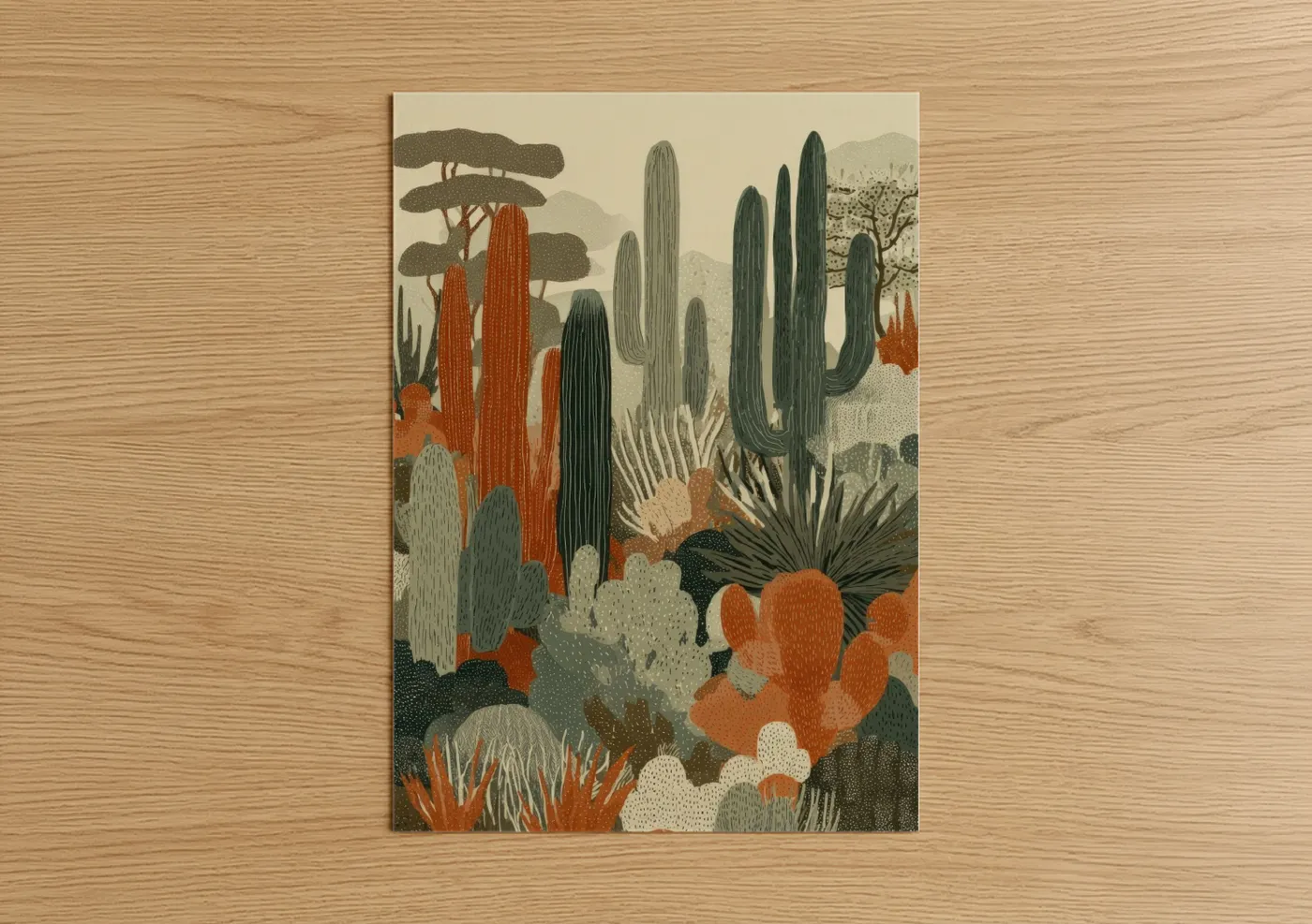 Art print on warm oak wood — russet and sage green palette — Desert Cactus Garden poster