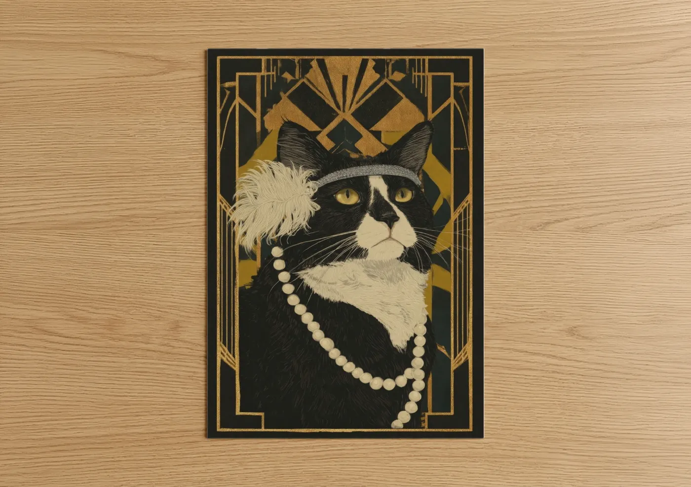 Art print on warm oak wood — black and gold and cream palette — Glamour Tuxedo Cat poster