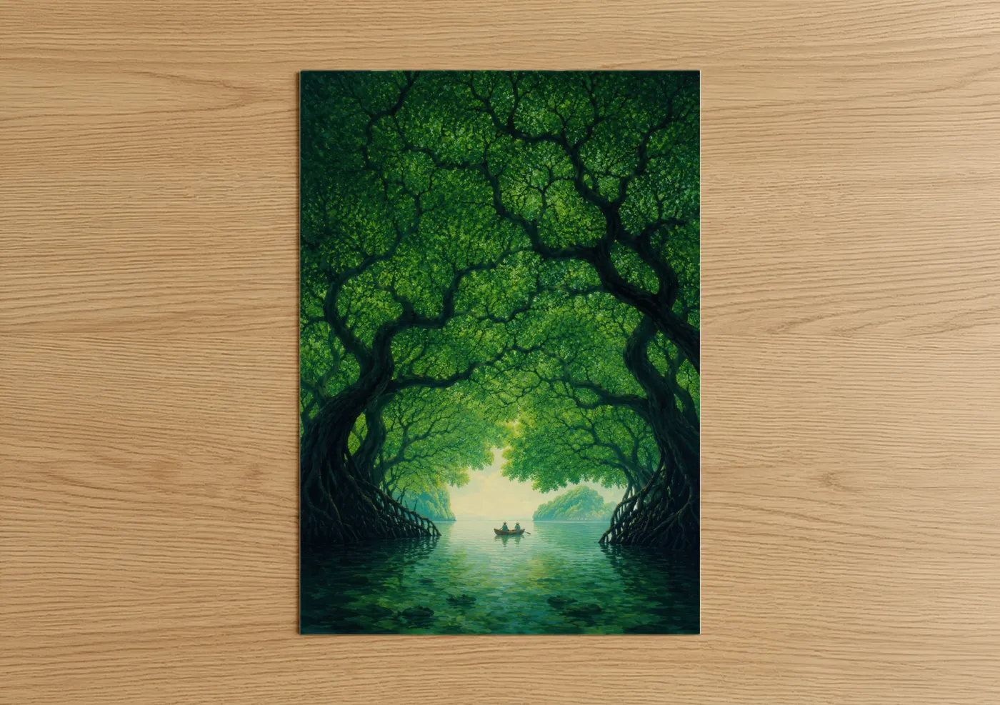 Forest and jungle art print on warm oak wood — true green and teal palette — Enchanted Forest Lake Wall Art poster