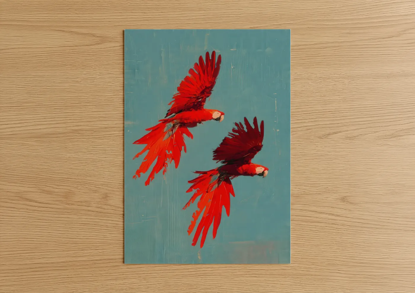 Safari parrots art print on warm oak wood — red and teal palette — Crimson Flight Pair poster