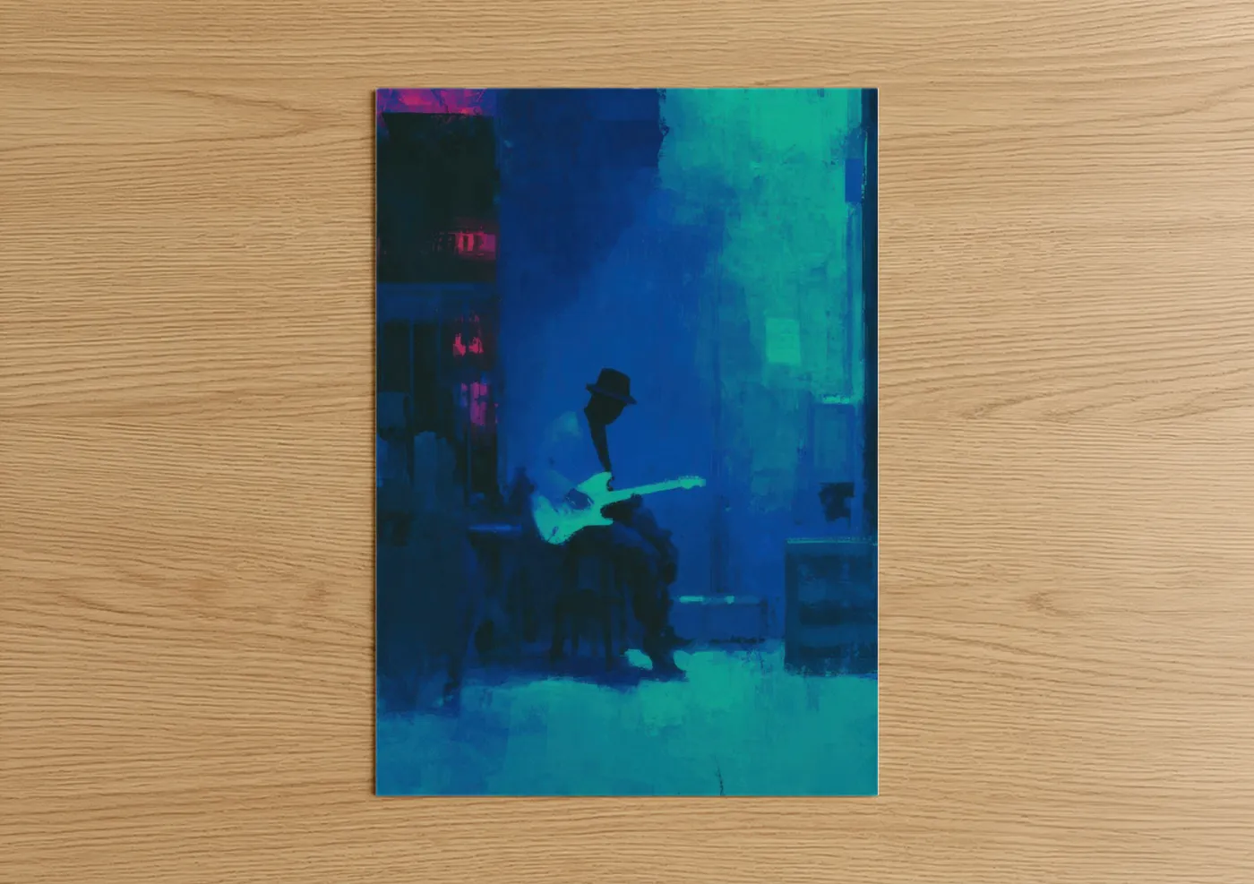 Art print on warm oak wood — blue and teal palette — Neon Blues Musician poster