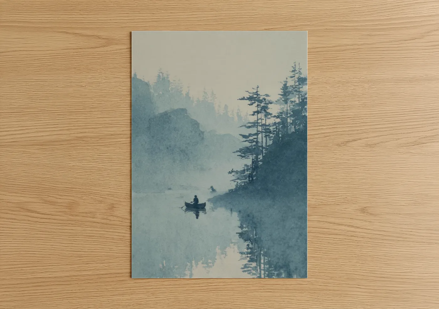 Kayaks and canoes art print on warm oak wood — blue and cream palette — Misty Lake Kayaker poster