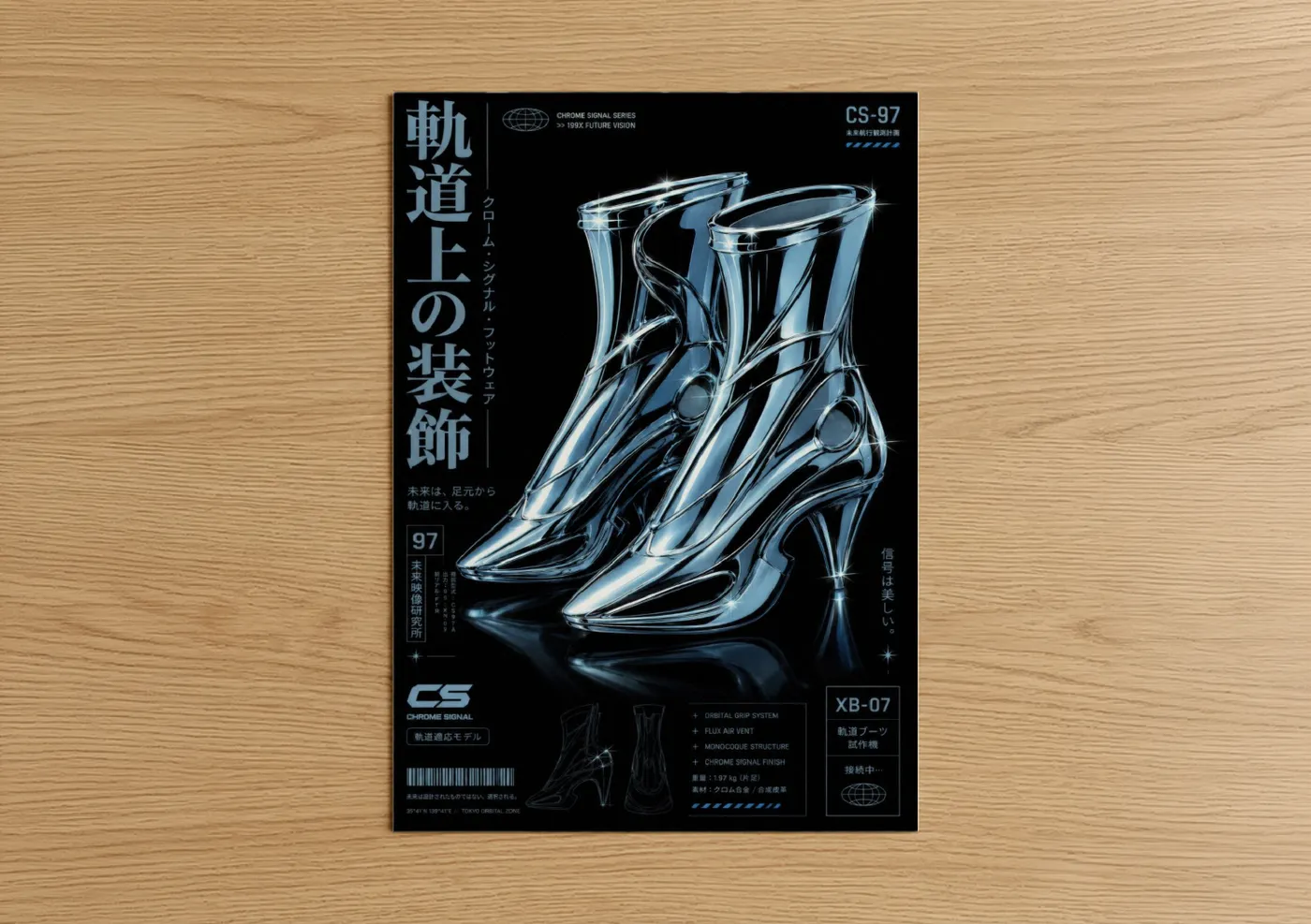 Sci fi art print on warm oak wood — blue and black palette — Futuristic Chrome Boots Wall Art poster