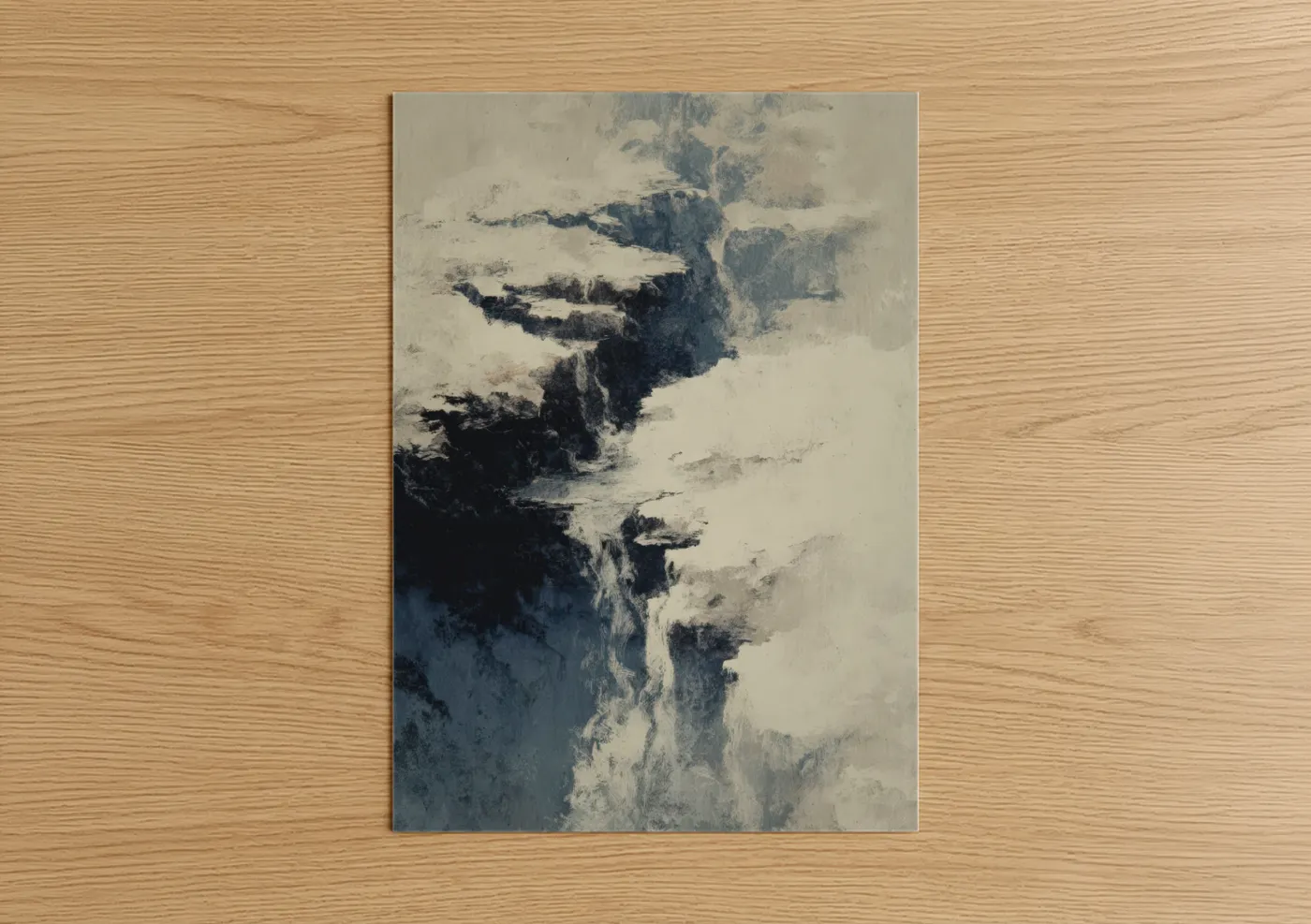 Glacier art print on warm oak wood — black and white and dark blue palette — Frozen Peaks poster
