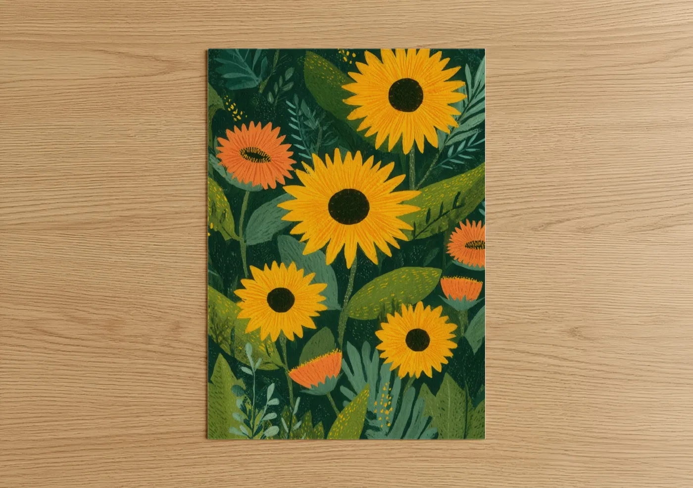 Art print on warm oak wood — yellow gold and true green palette — Golden Sunflower Field poster