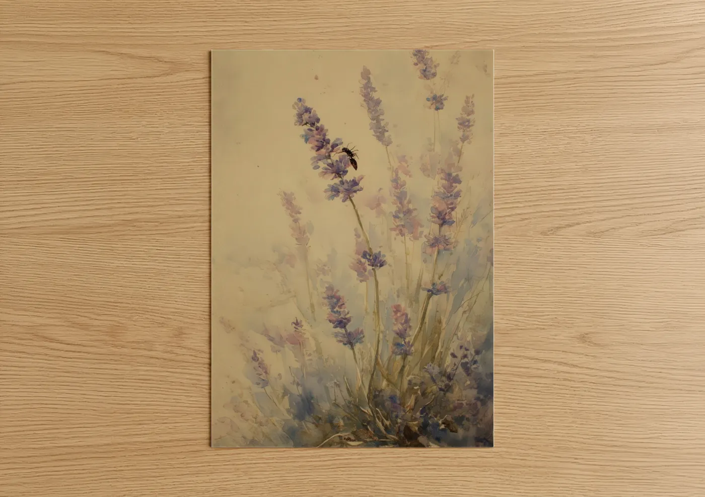 Bee on Lavender Flowers Watercolor Wall Art