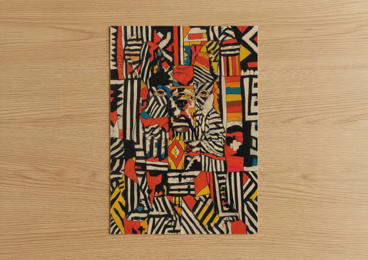 Art print on warm oak wood — red and black and white palette — Abstract Bulldog poster