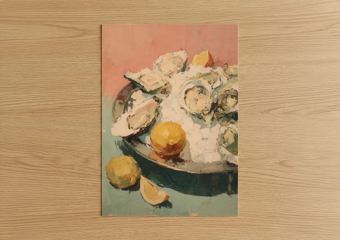 Art print on warm oak wood — peach and yellow gold palette — Coastal Seafood Still Life poster