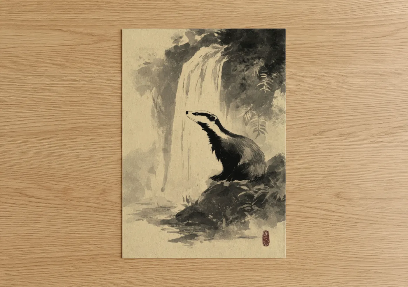 Badger by Waterfall Japanese Wall Art