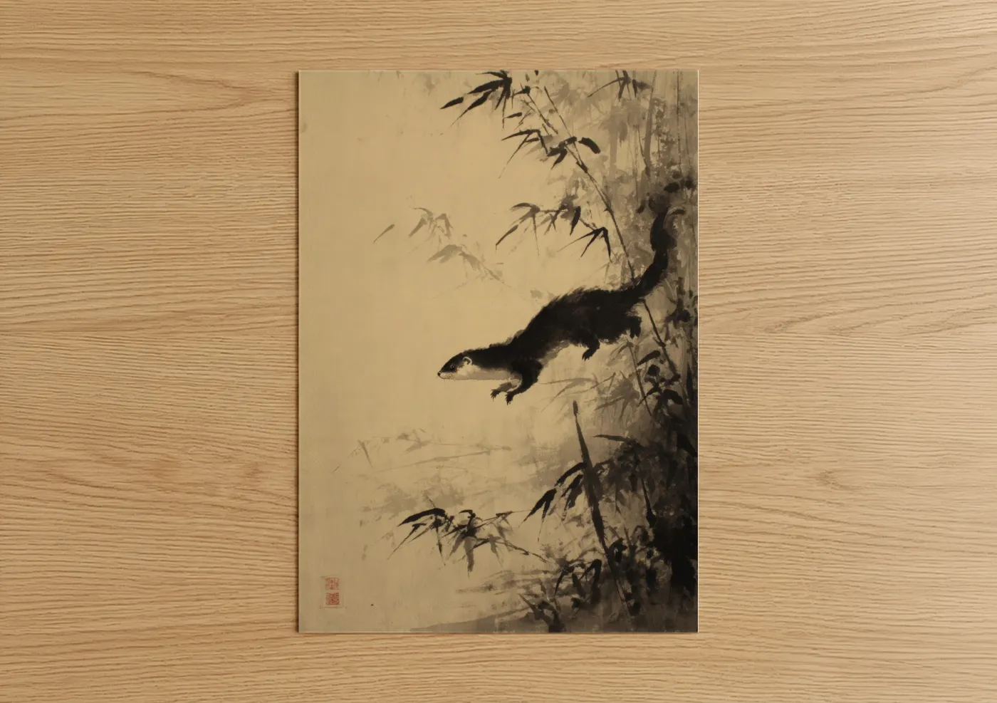 Climbing Weasel Bamboo Ink Painting Wall Art