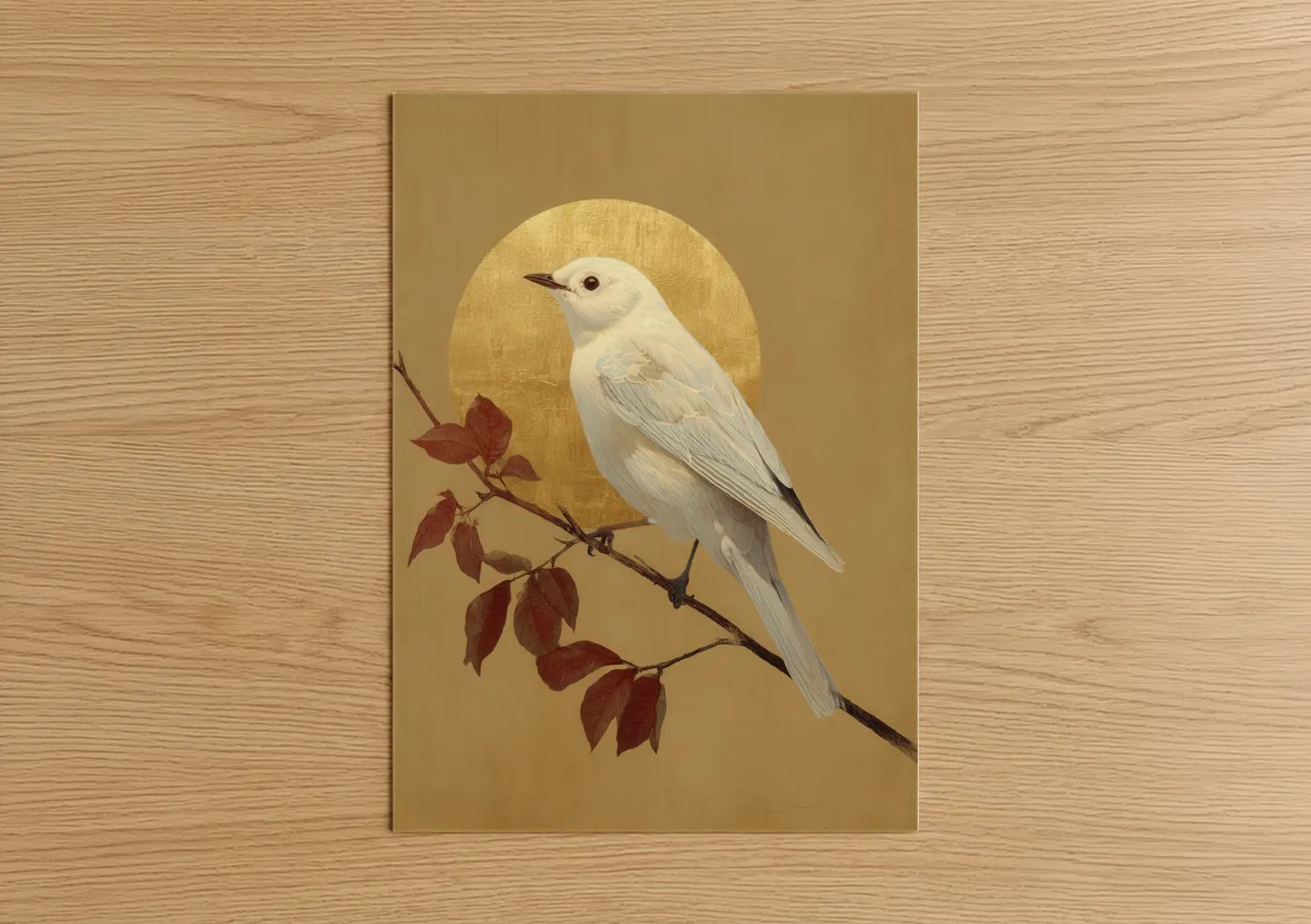 Art print on warm oak wood — gold and white palette — Golden Songbird poster