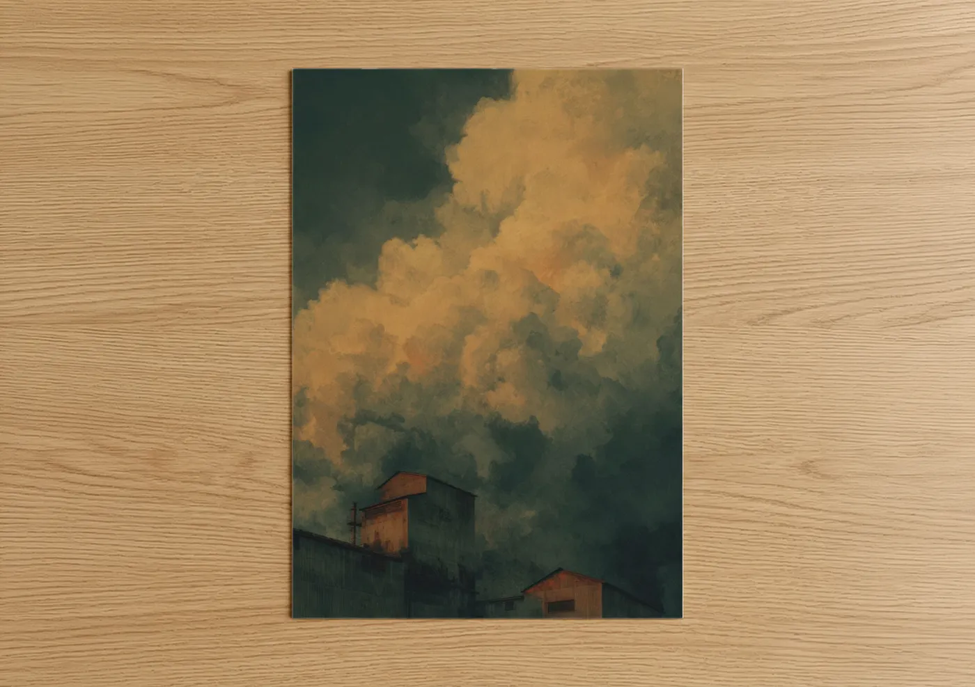 Art print on warm oak wood — gold and dark green palette — Approaching Storm poster