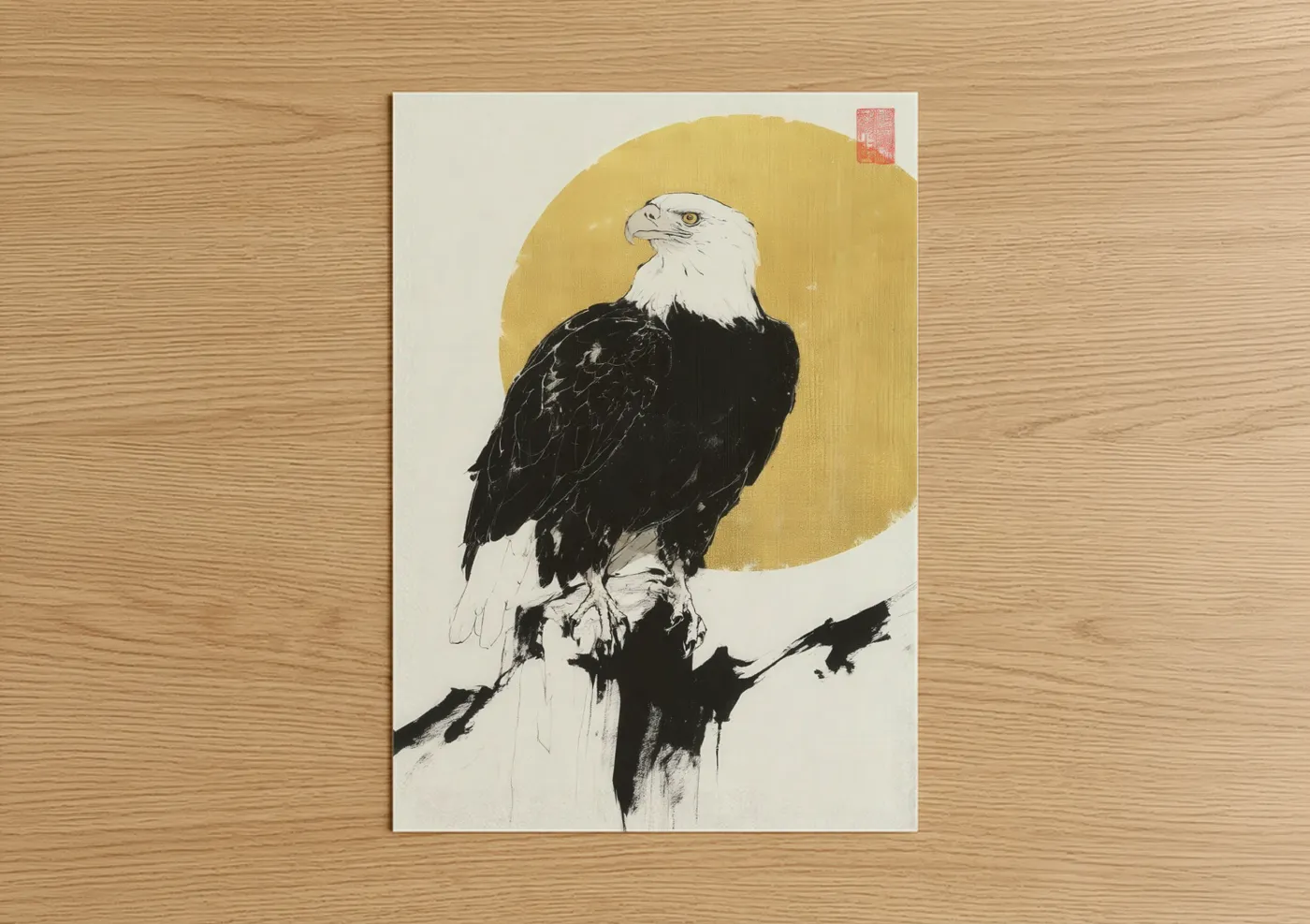 Art print on warm oak wood — yellow gold and black and white palette — Golden Eagle Portrait poster