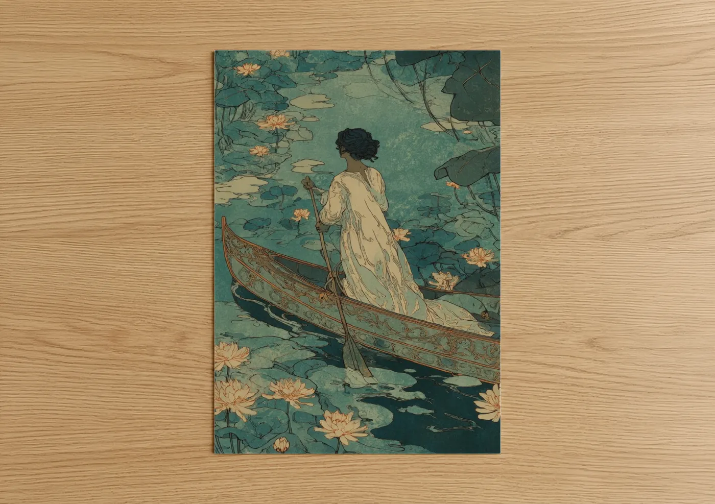 Woman in Boat Lotus Pond Watercolor Wall Art