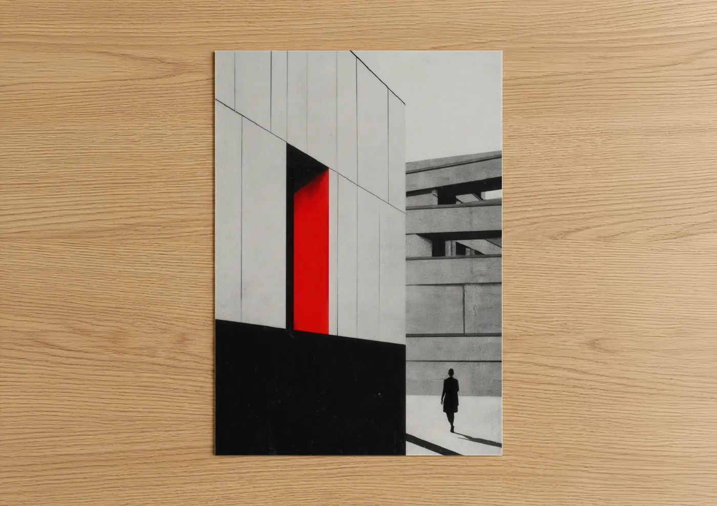 Abstract architecture art print on warm oak wood — black and white and red palette — Red Door Passage poster