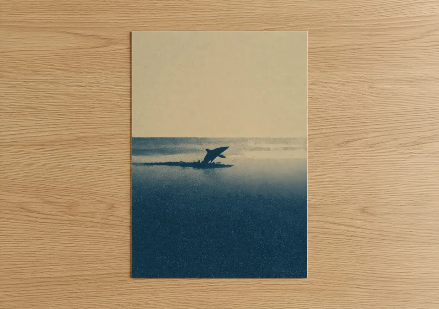 Art print on warm oak wood — dark blue and cream palette — Basking Shark Breach poster